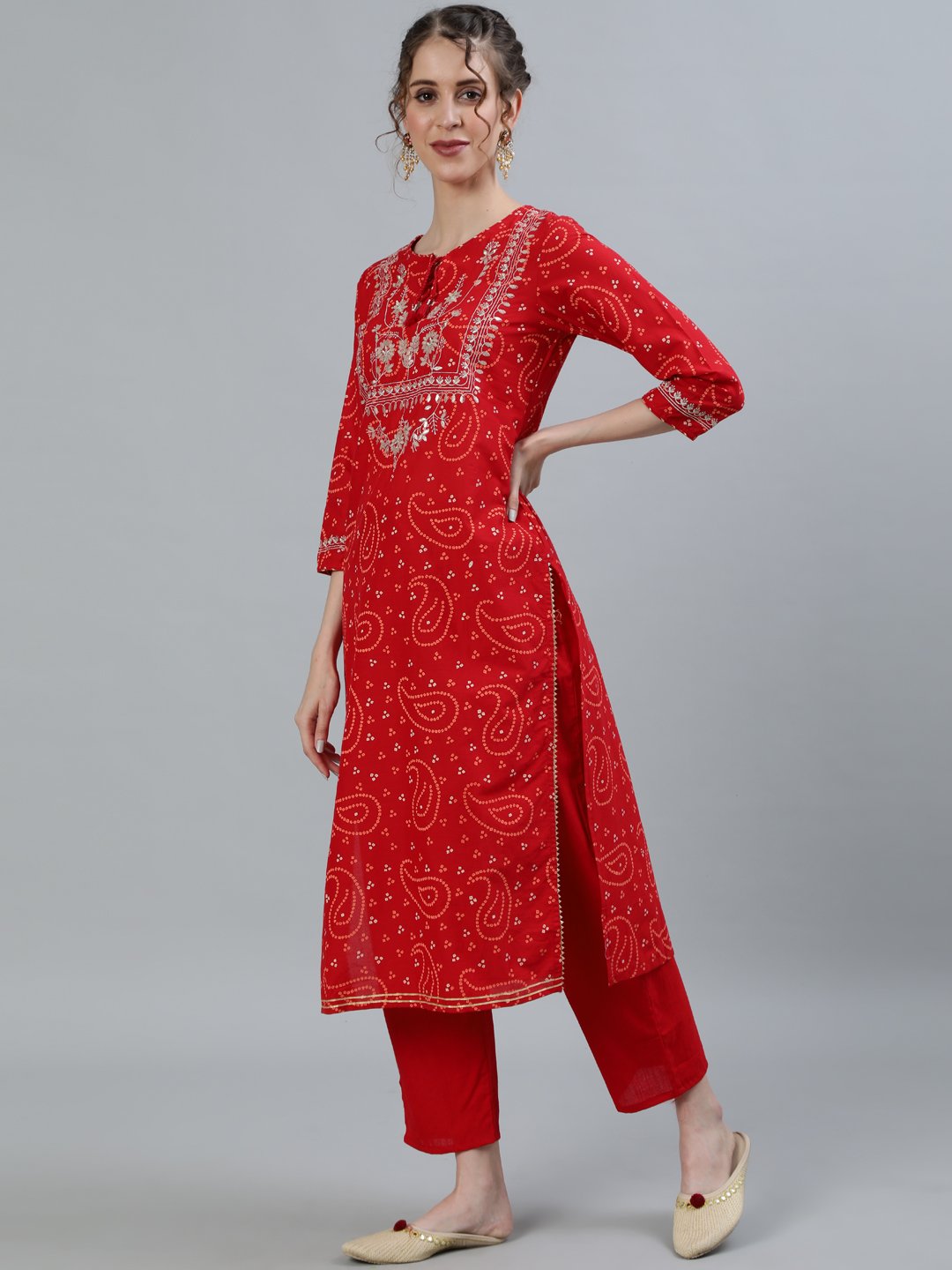 Ishin Women's Red Zari Embroidered Straight Kurta With Trouser