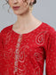 Ishin Women's Red Ethnic Motif Printed Straight Kurta With Trouser