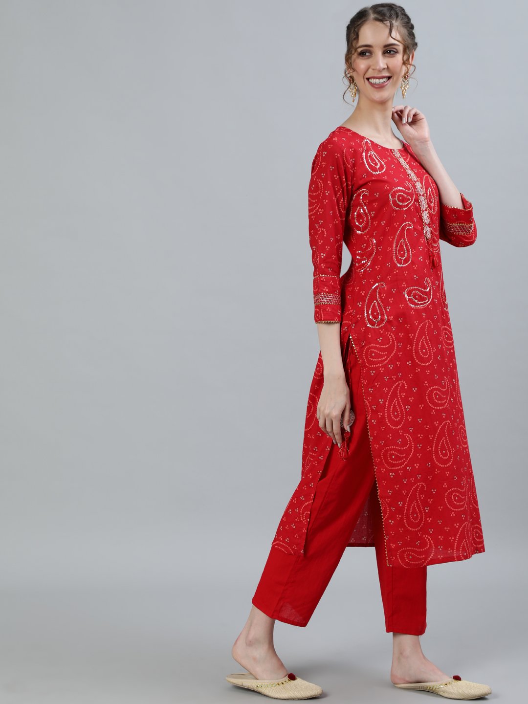 Ishin Women's Red Ethnic Motif Printed Straight Kurta With Trouser