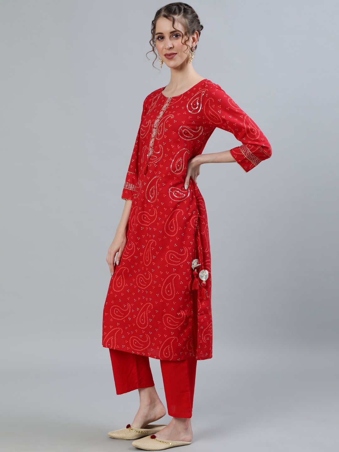 Ishin Women's Red Embroidered Straight Kurta With Trouser