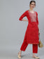 Ishin Women's Red Zari Embroidered Straight Kurta With Trouser