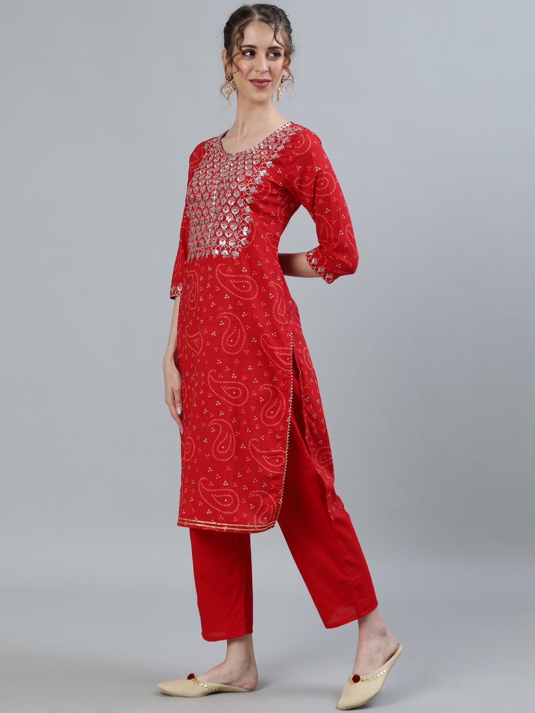 Ishin Women's Red Zari Embroidered Straight Kurta With Trouser