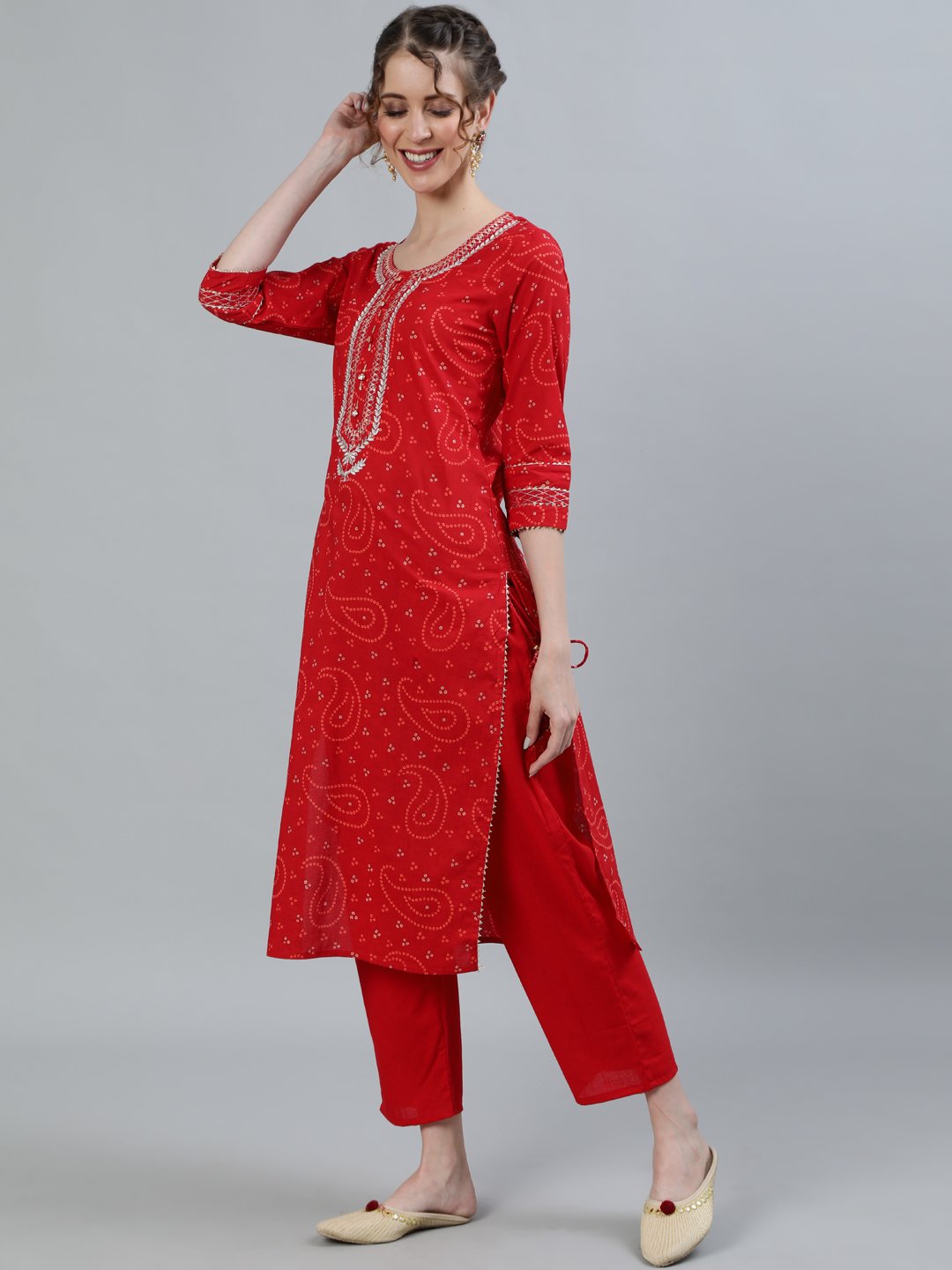 Ishin Women's Red Zari Embroidered Straight Kurta With Trouser