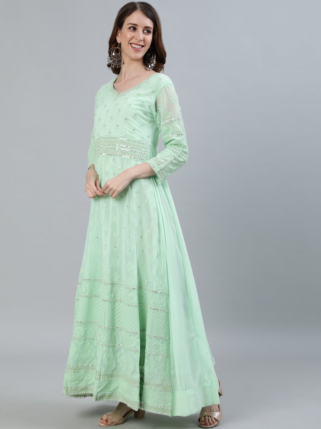 Ishin Women's Green Embroidered Anarkali Kurta With Dupatta