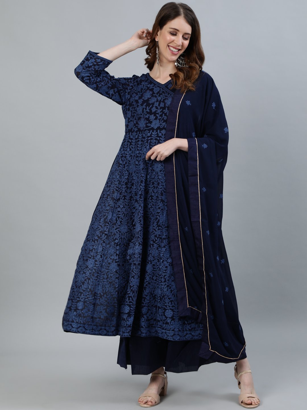 Ishin Women's Navy Blue Embroidered Anarkali Kurta With Dupatta