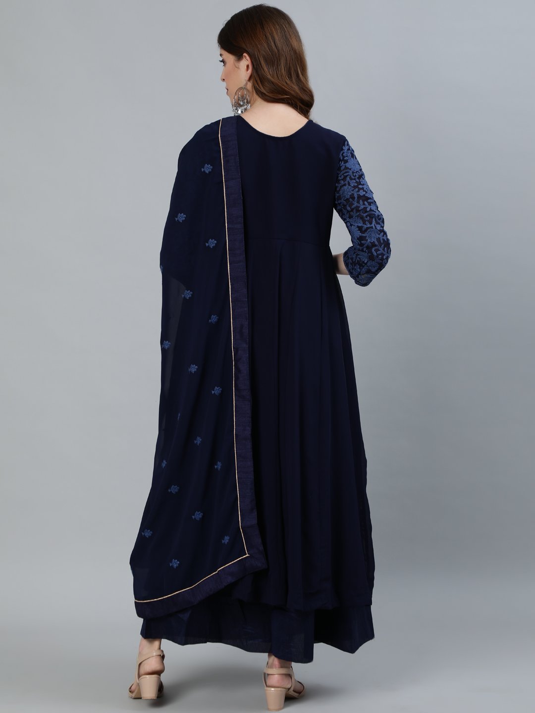 Ishin Women's Navy Blue Embroidered Anarkali Kurta With Dupatta
