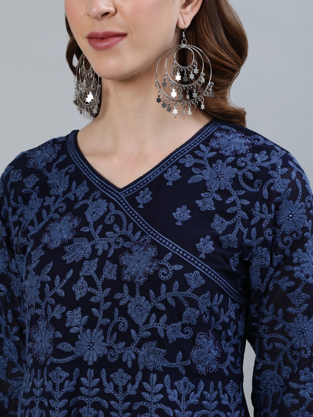 Ishin Women's Navy Blue Embroidered Anarkali Kurta With Dupatta