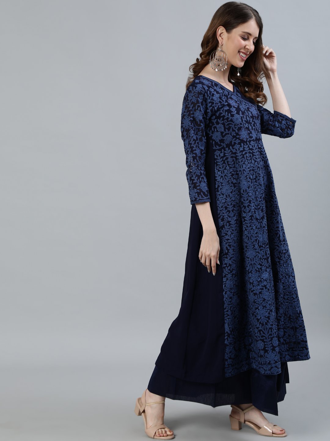 Ishin Women's Navy Blue Embroidered Anarkali Kurta With Dupatta