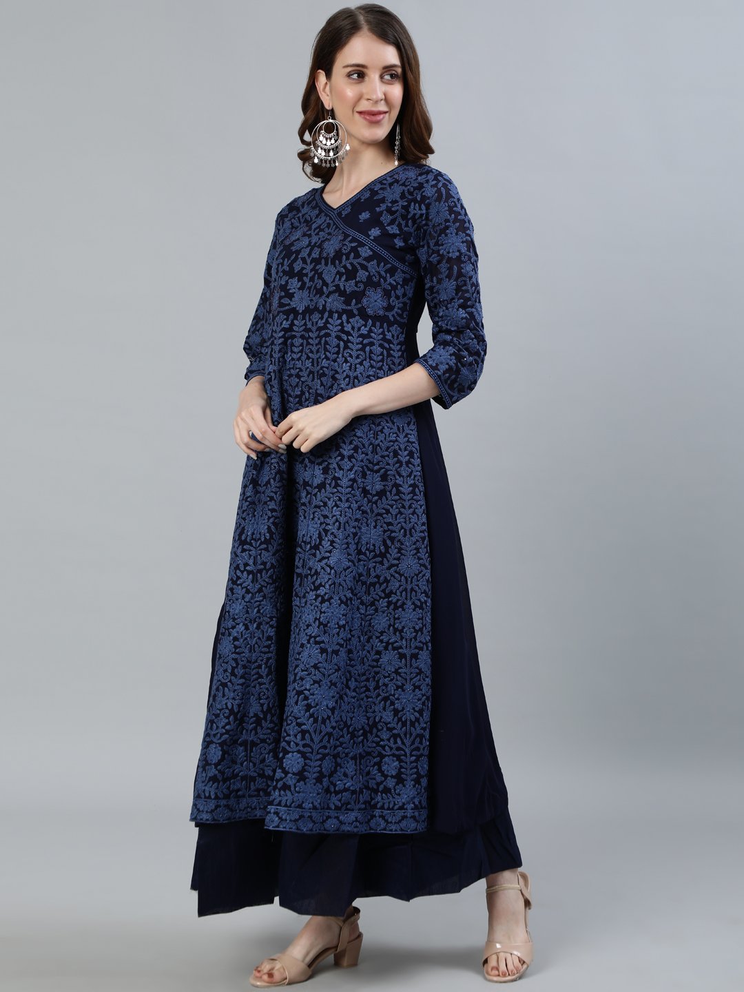 Ishin Women's Navy Blue Embroidered Anarkali Kurta With Dupatta