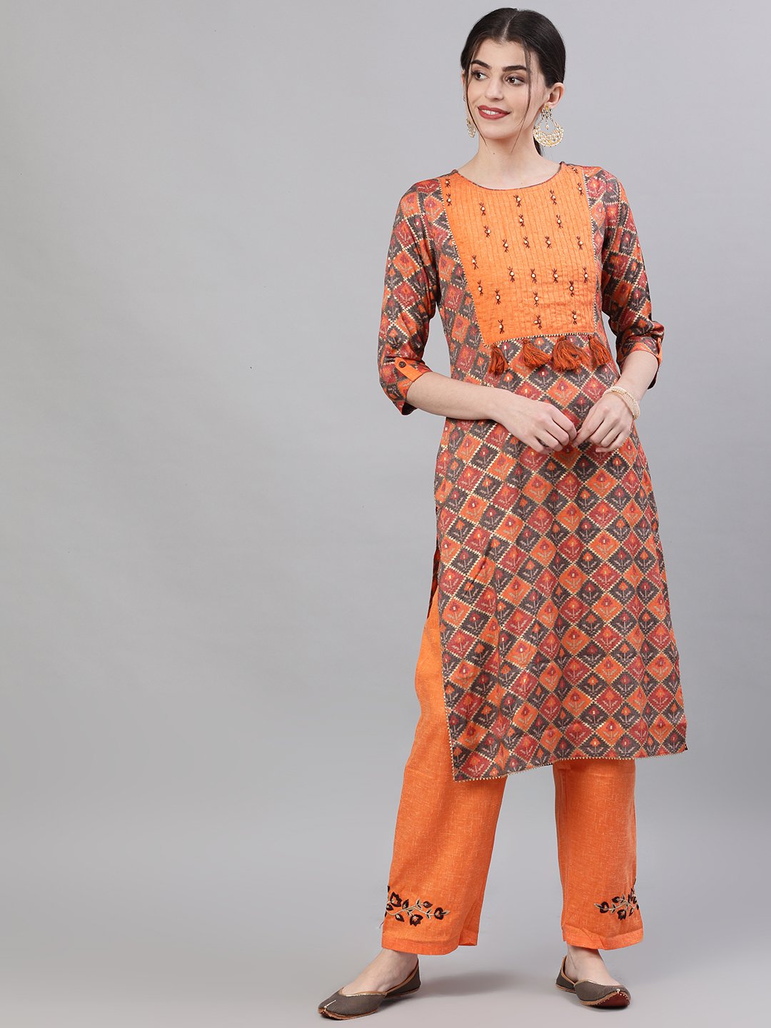 Ishin Women's Rayon Orange Yoke Embroidered Straight Kurta Trouser Set