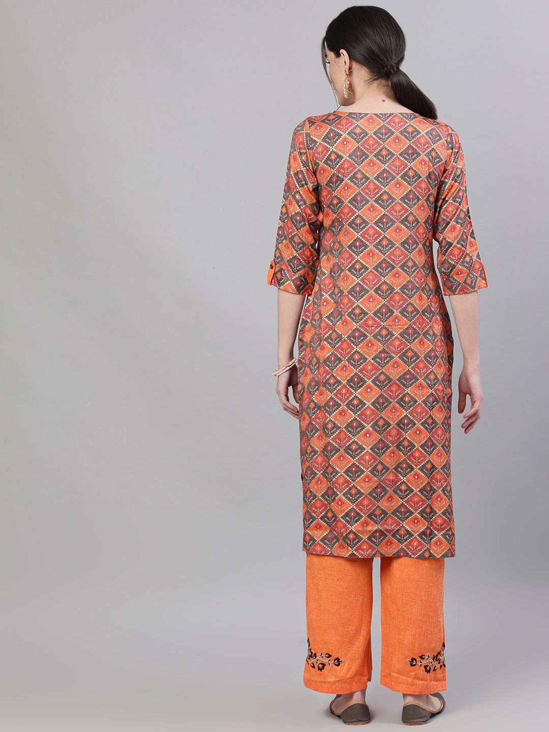 Ishin Women's Rayon Orange Yoke Embroidered Straight Kurta Trouser Set