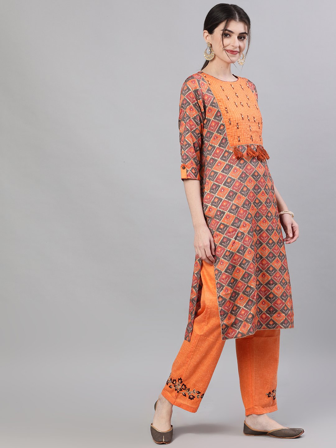 Ishin Women's Rayon Orange Yoke Embroidered Straight Kurta Trouser Set
