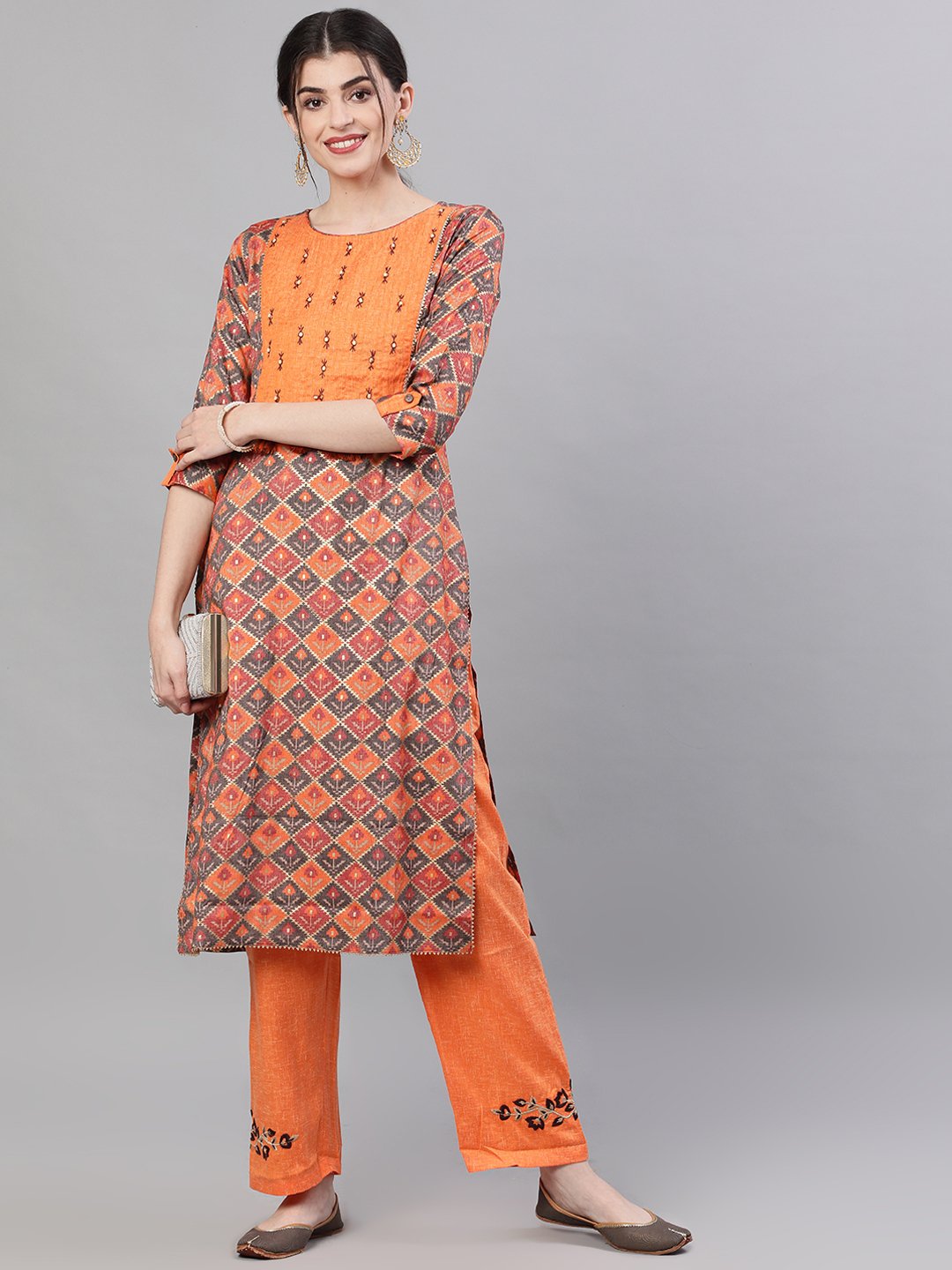 Ishin Women's Rayon Orange Yoke Embroidered Straight Kurta Trouser Set