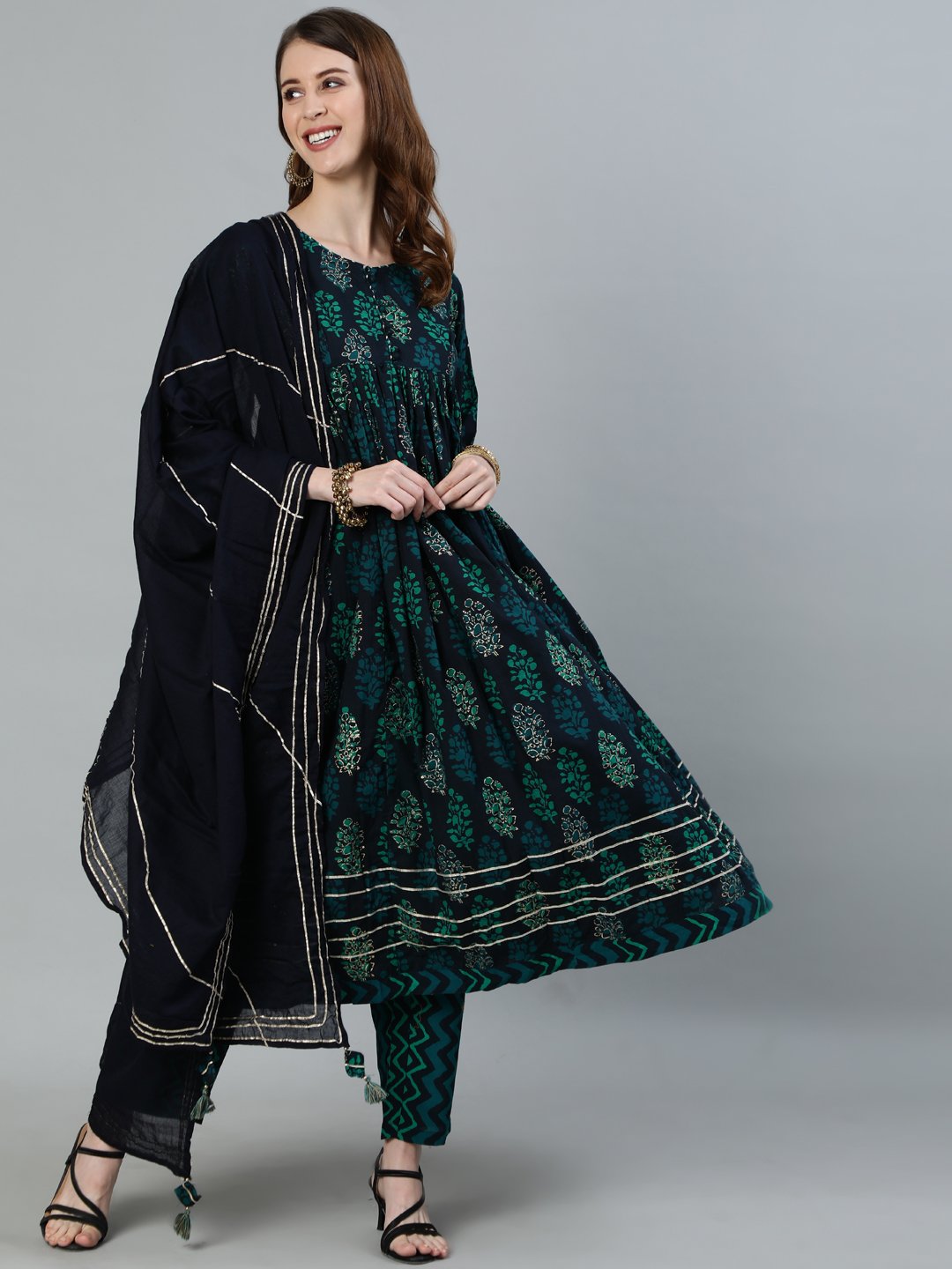 Ishin Women's Navy Blue Gotta Patti Anarkali Kurta With Trouser & Dupatta