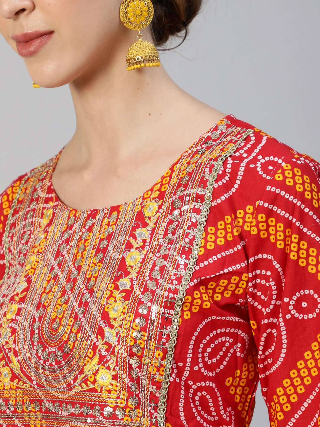 Ishin Women's Cotton Red Yoke Embroidered Anarkali Kurta Trouser Dupatta Set 
