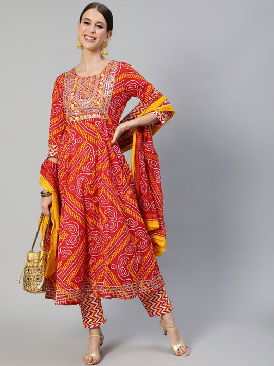 Ishin Women's Cotton Red Yoke Embroidered Anarkali Kurta Trouser Dupatta Set 