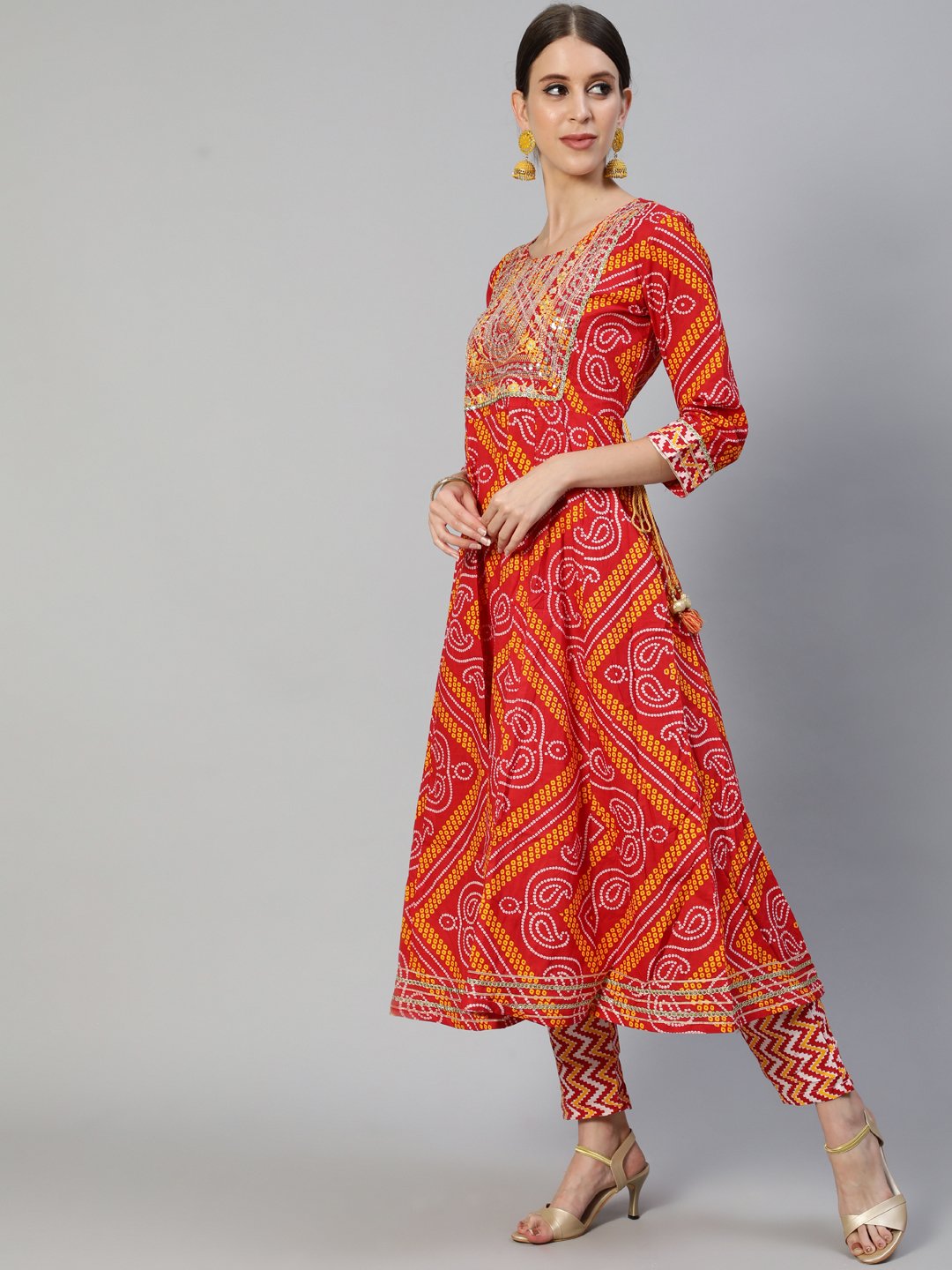 Ishin Women's Cotton Red Yoke Embroidered Anarkali Kurta Trouser Dupatta Set