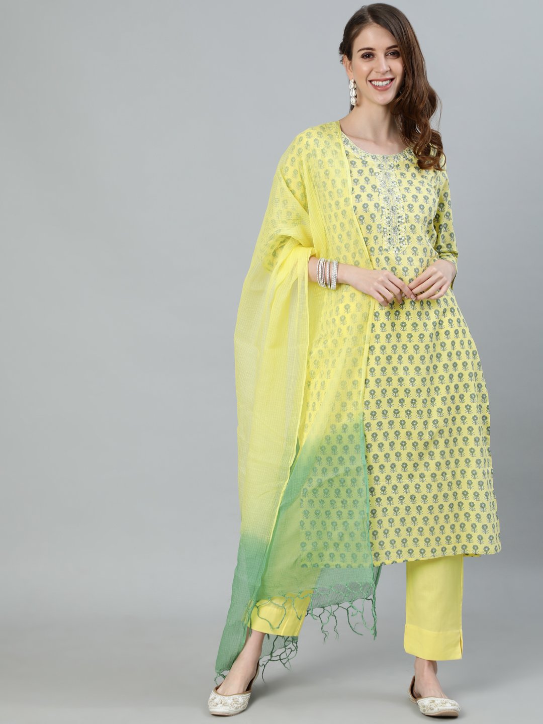 Ishin Women's Yellow Embroidered Straight Kurta With Trouser & Dupatta 