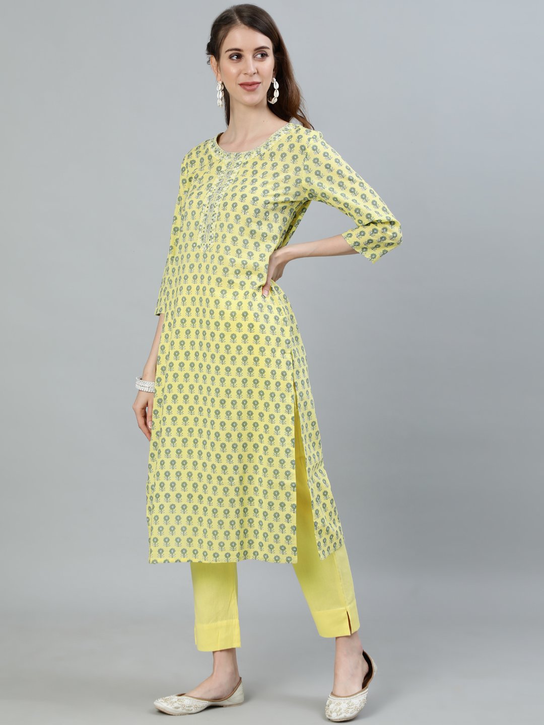 Ishin Women's Yellow Embroidered Straight Kurta With Trouser & Dupatta