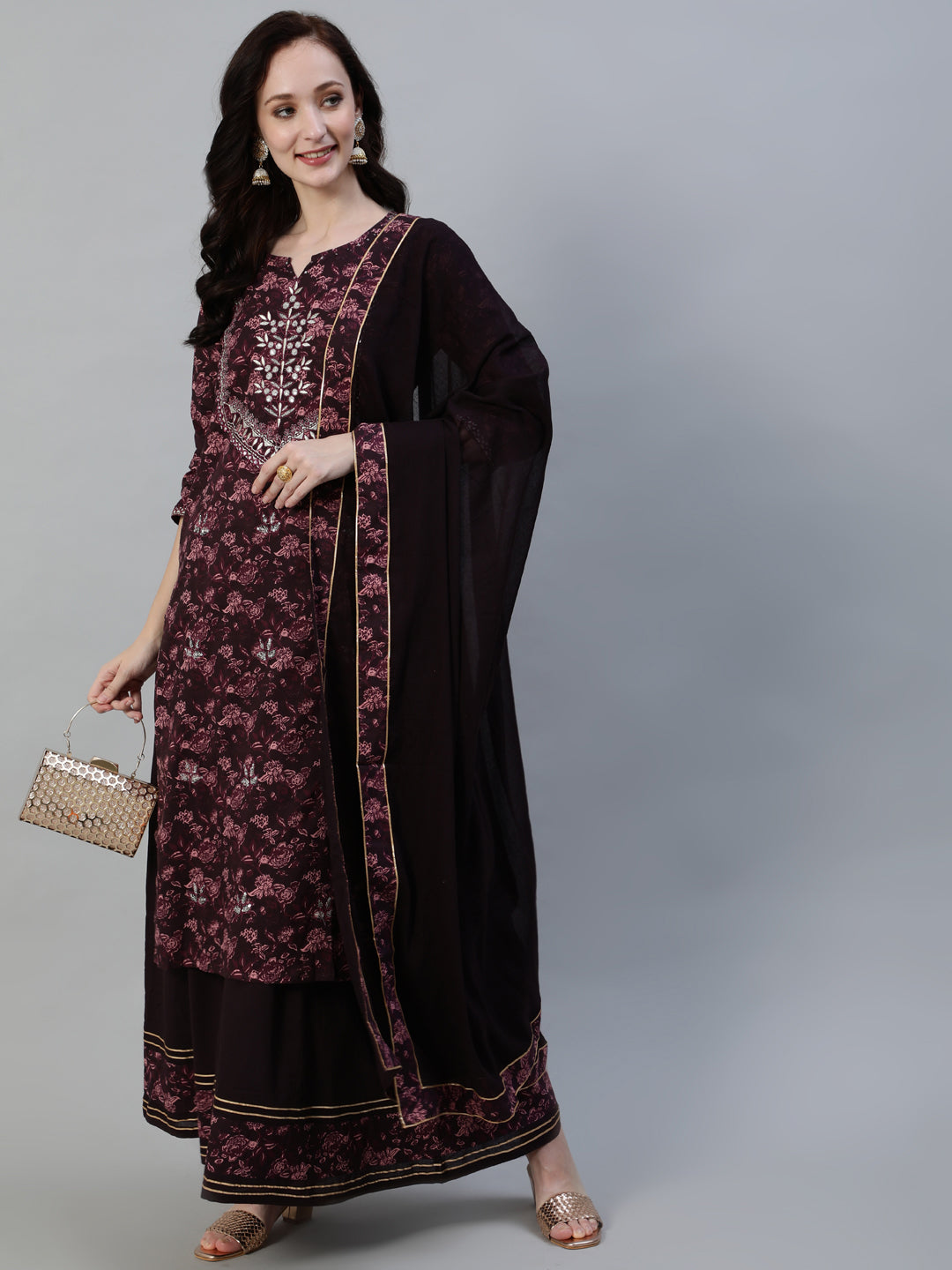 Ishin Women's Burgundy Embellished A-Line Kurta With Sharara & Dupatta