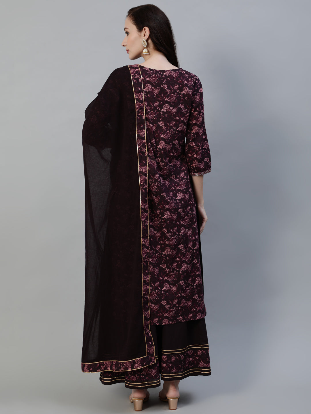 Ishin Women's Burgundy Embellished A-Line Kurta With Sharara & Dupatta
