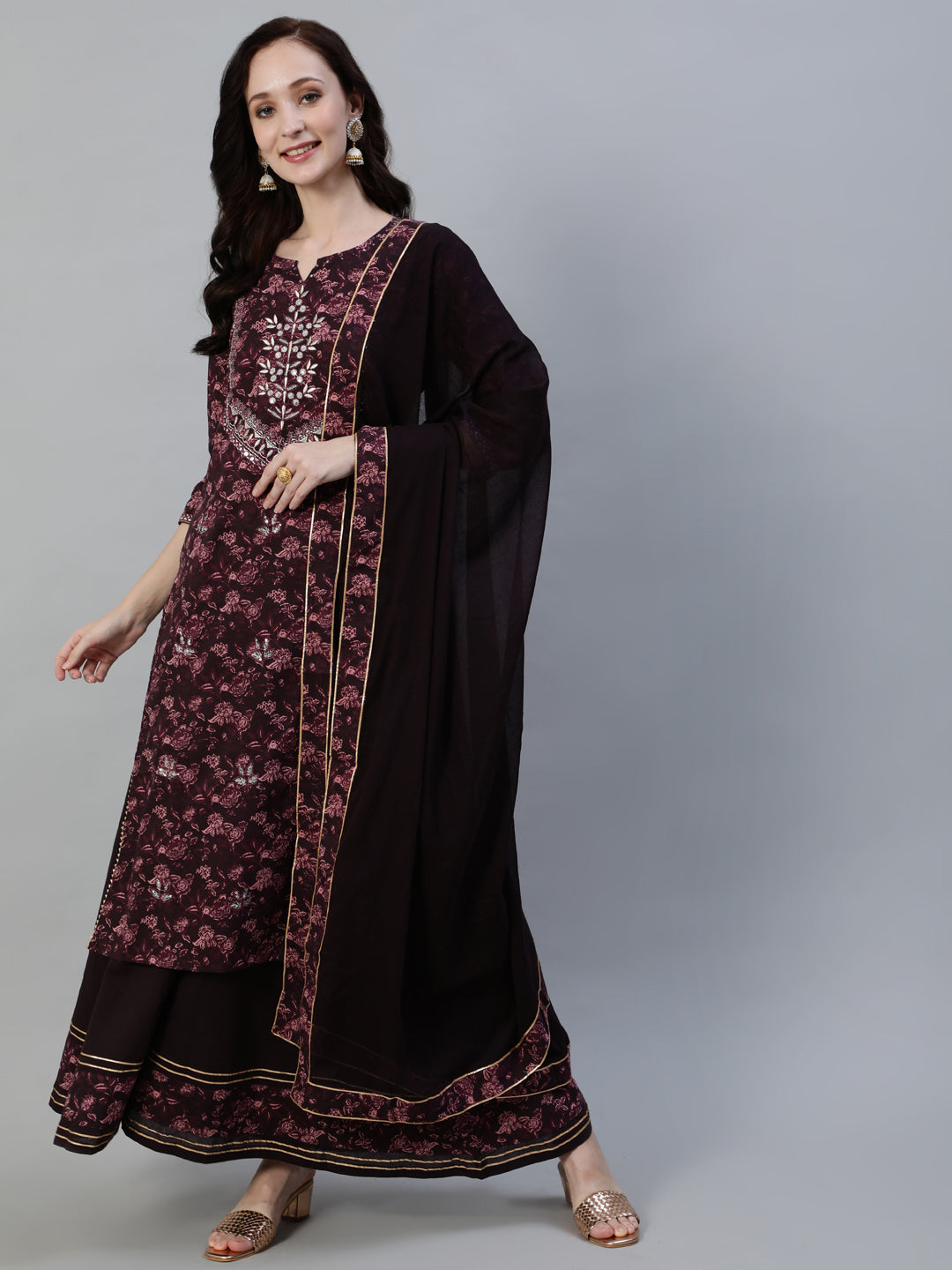 Ishin Women's Burgundy Embellished A-Line Kurta With Sharara & Dupatta