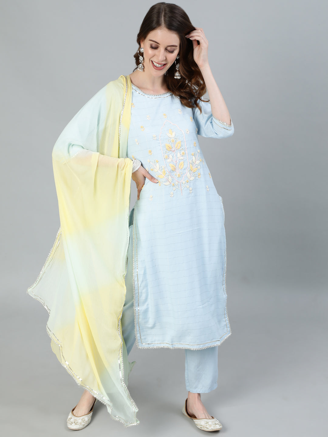 Ishin Women's Blue Embroidered A-Line Kurta With Trouser & Ombre Dupatta 