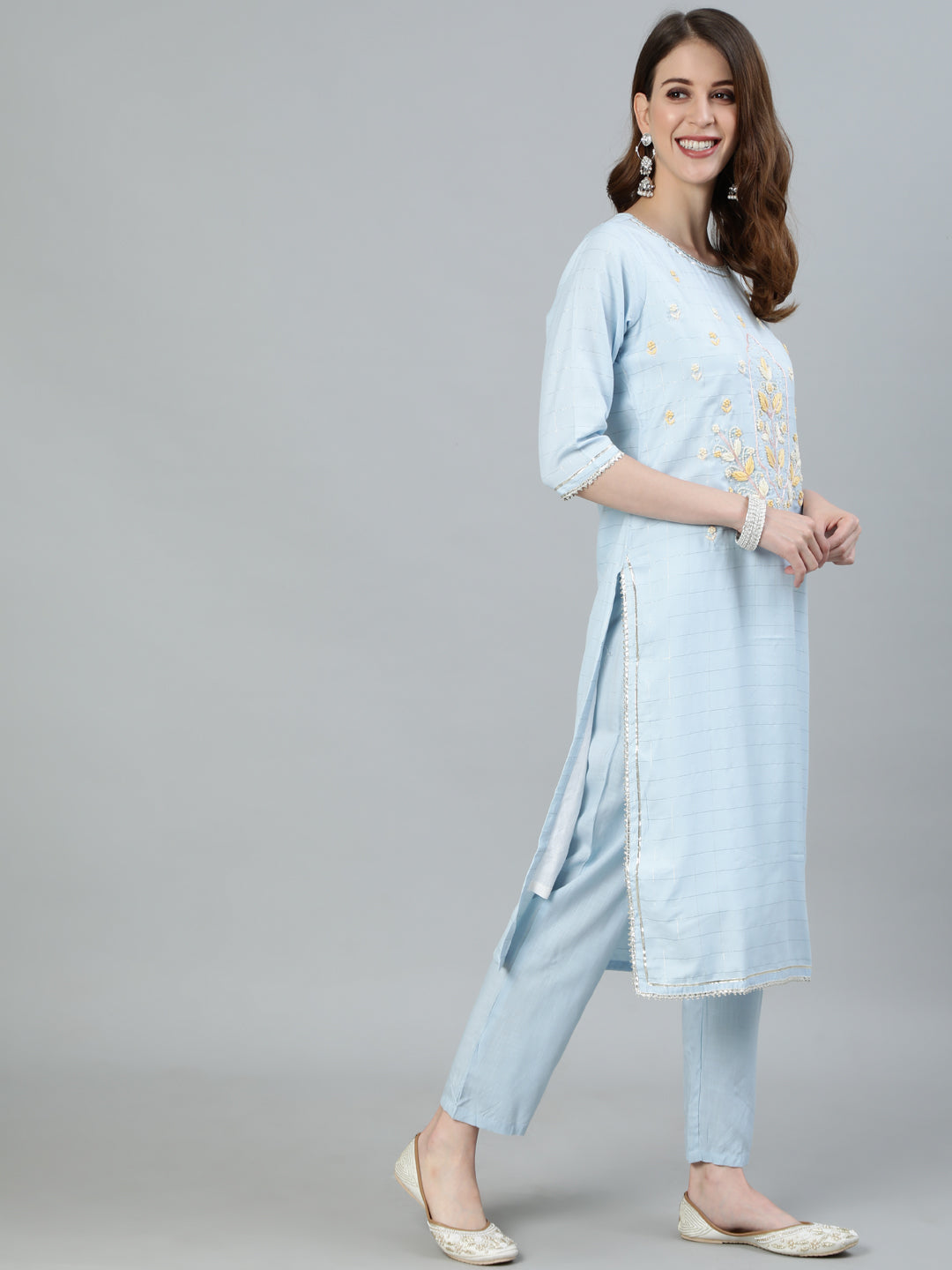 Ishin Women's Blue Embroidered A-Line Kurta With Trouser & Ombre Dupatta