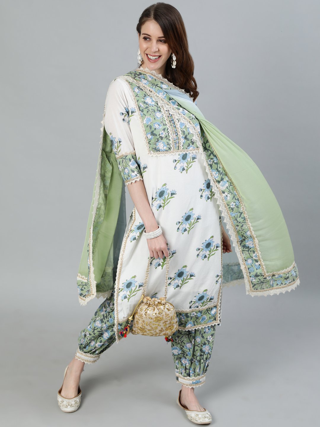 Ishin Women's White & Green Embroidered A-Line Kurta With Trouser & Dupatta 