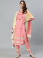 Ishin Women's Peach Embroidered A-Line Kurta With Trouser & Dupatta 