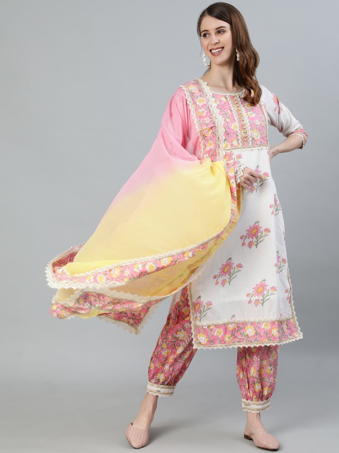 Ishin Women's White & Pink Embroidered A-Line Kurta With Trouser & Dupatta 