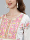 Ishin Women's White & Pink Embroidered A-Line Kurta With Trouser & Dupatta 