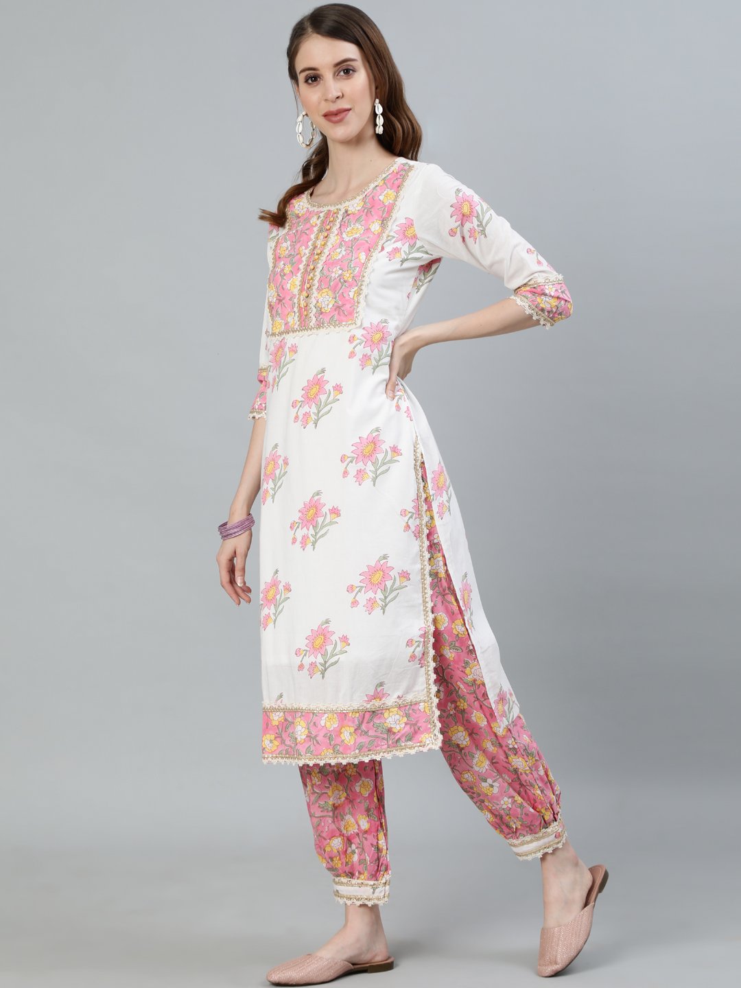 Ishin Women's White & Pink Embroidered A-Line Kurta With Trouser & Dupatta