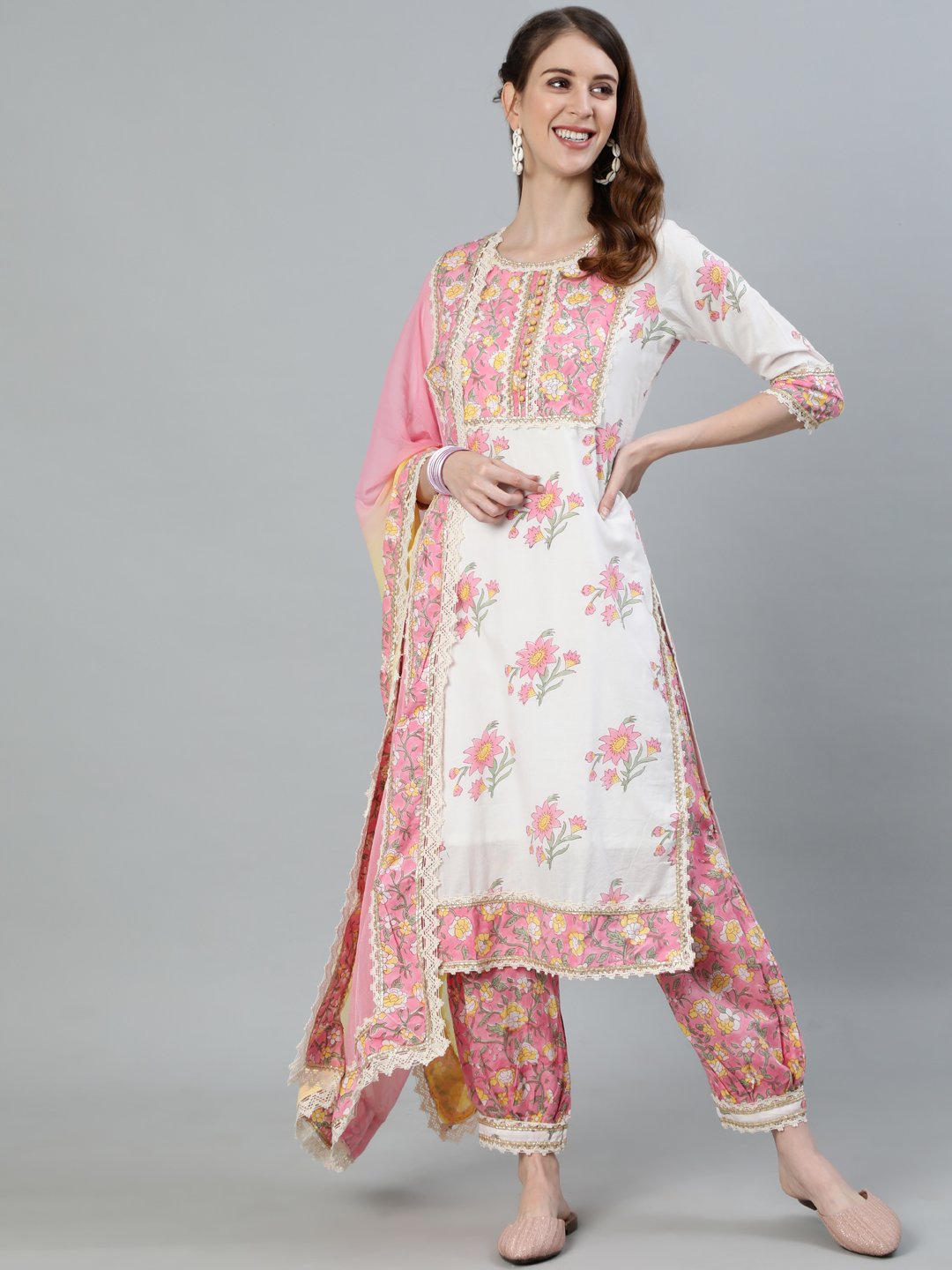 Ishin Women's White & Pink Embroidered A-Line Kurta With Trouser & Dupatta