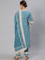 Ishin Women's Cotton Teal Blue Embroidered A-Line Kurta Trouser Dupatta Set