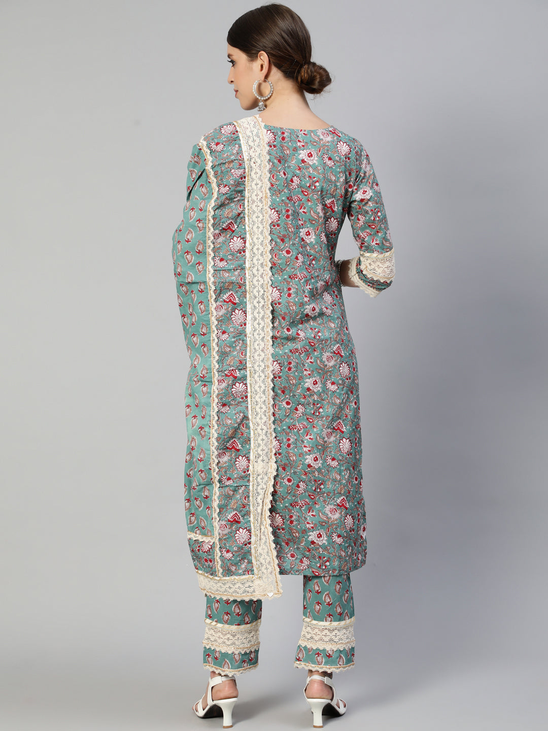 Ishin Women's Cotton Green Embroidered A-Line Kurta Trouser Dupatta Set