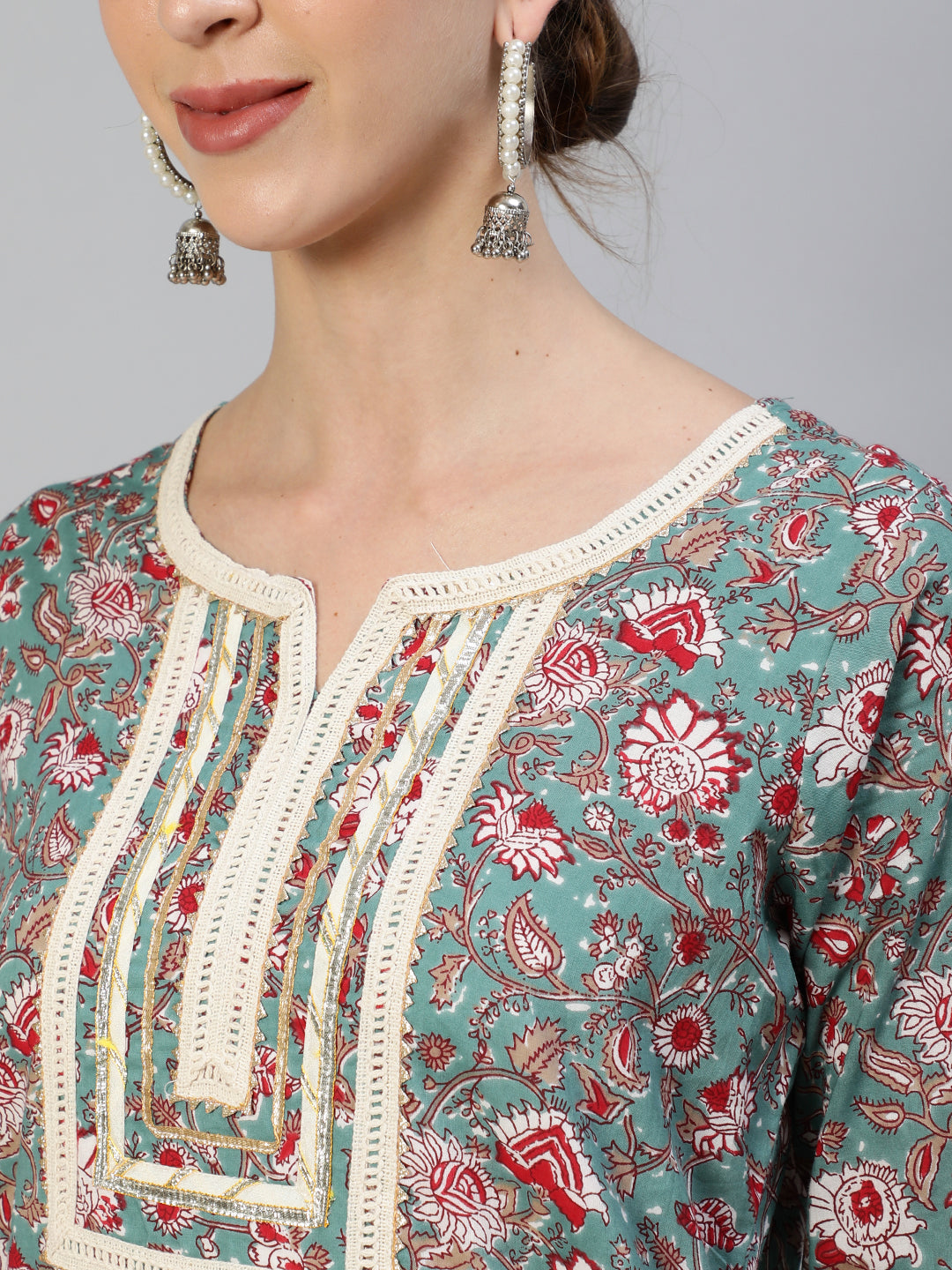 Ishin Women's Cotton Green Embroidered A-Line Kurta Trouser Dupatta Set
