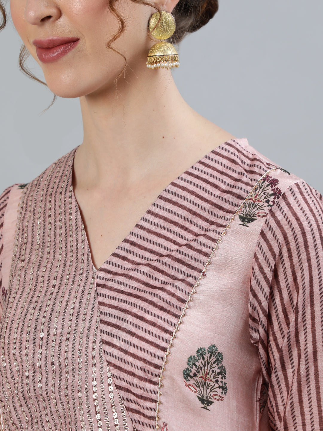 Women Pink Ethnic Motifs Printed Angrakha Pure Silk Kurti with Palazzos & Dupatta