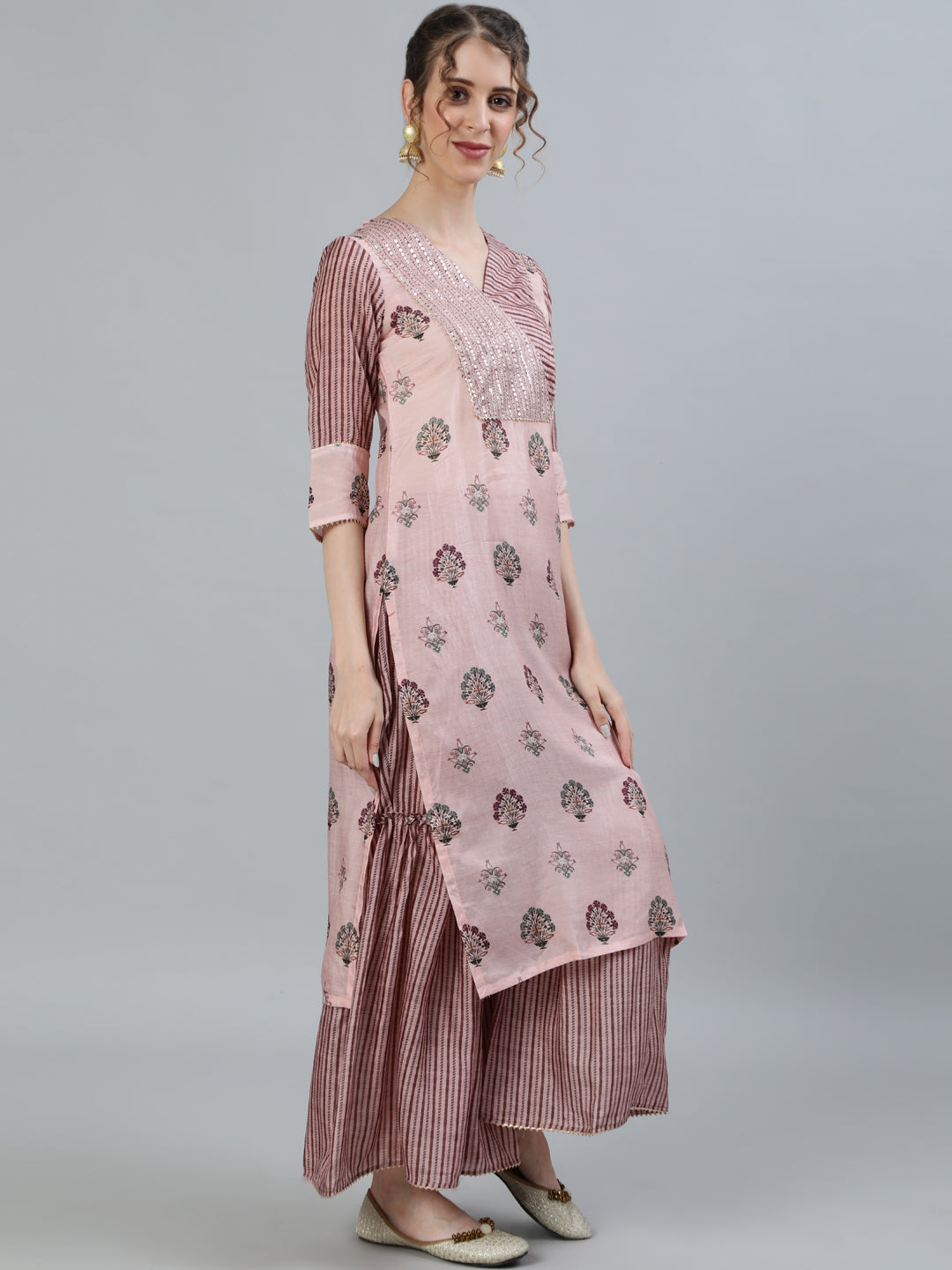 Women Pink Ethnic Motifs Printed Angrakha Pure Silk Kurti with Palazzos & Dupatta