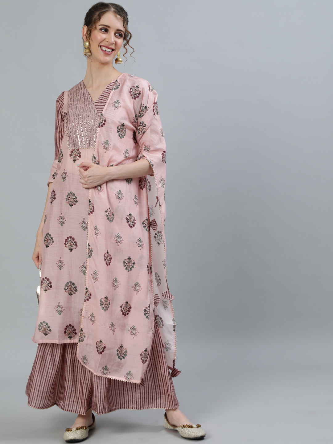 Women Pink Ethnic Motifs Printed Angrakha Pure Silk Kurti with Palazzos & Dupatta