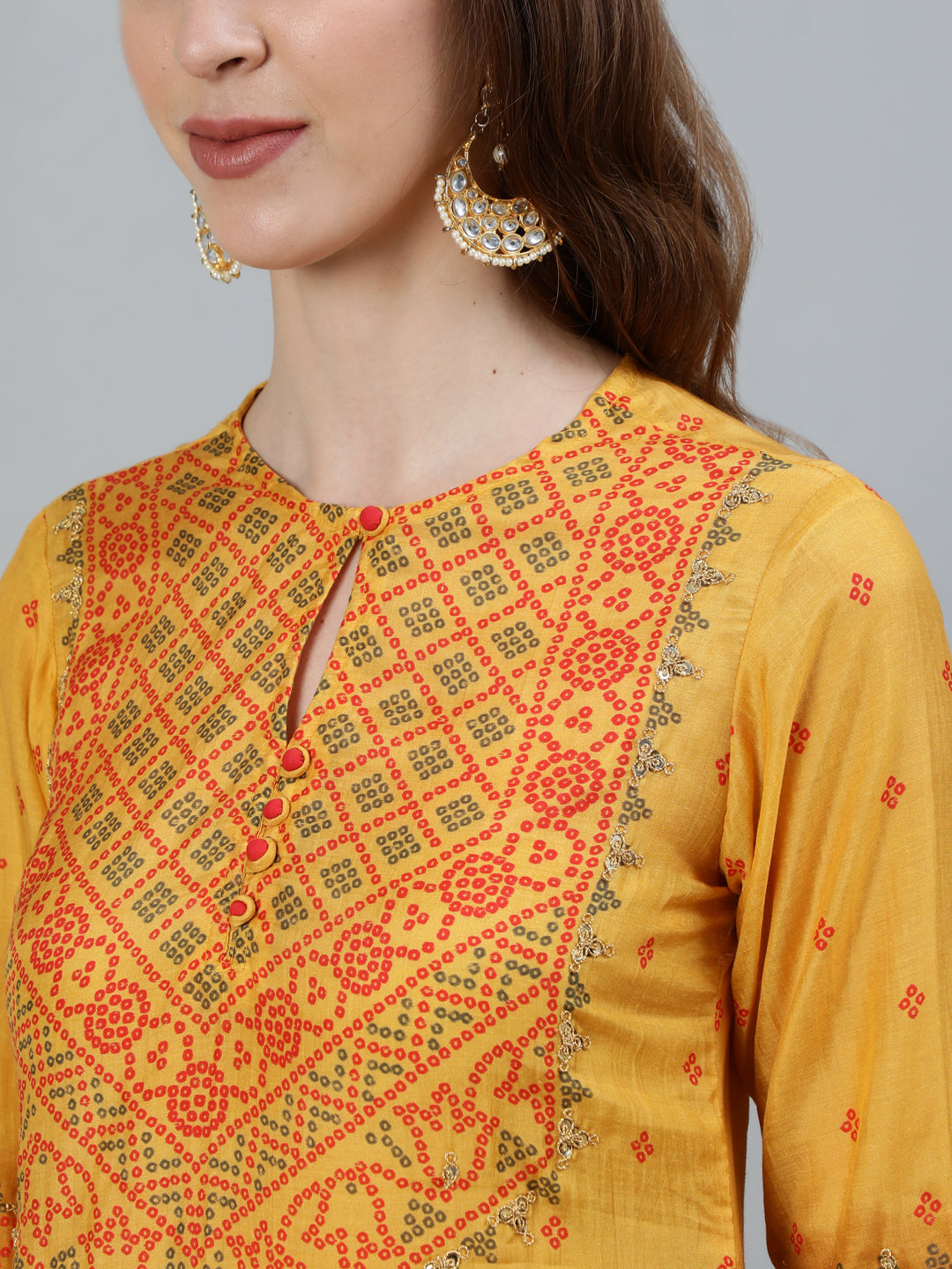 Ishin Women's Mustard Zari Embroidered Bandhani Straight Kurta With Trouser & Dupatta 