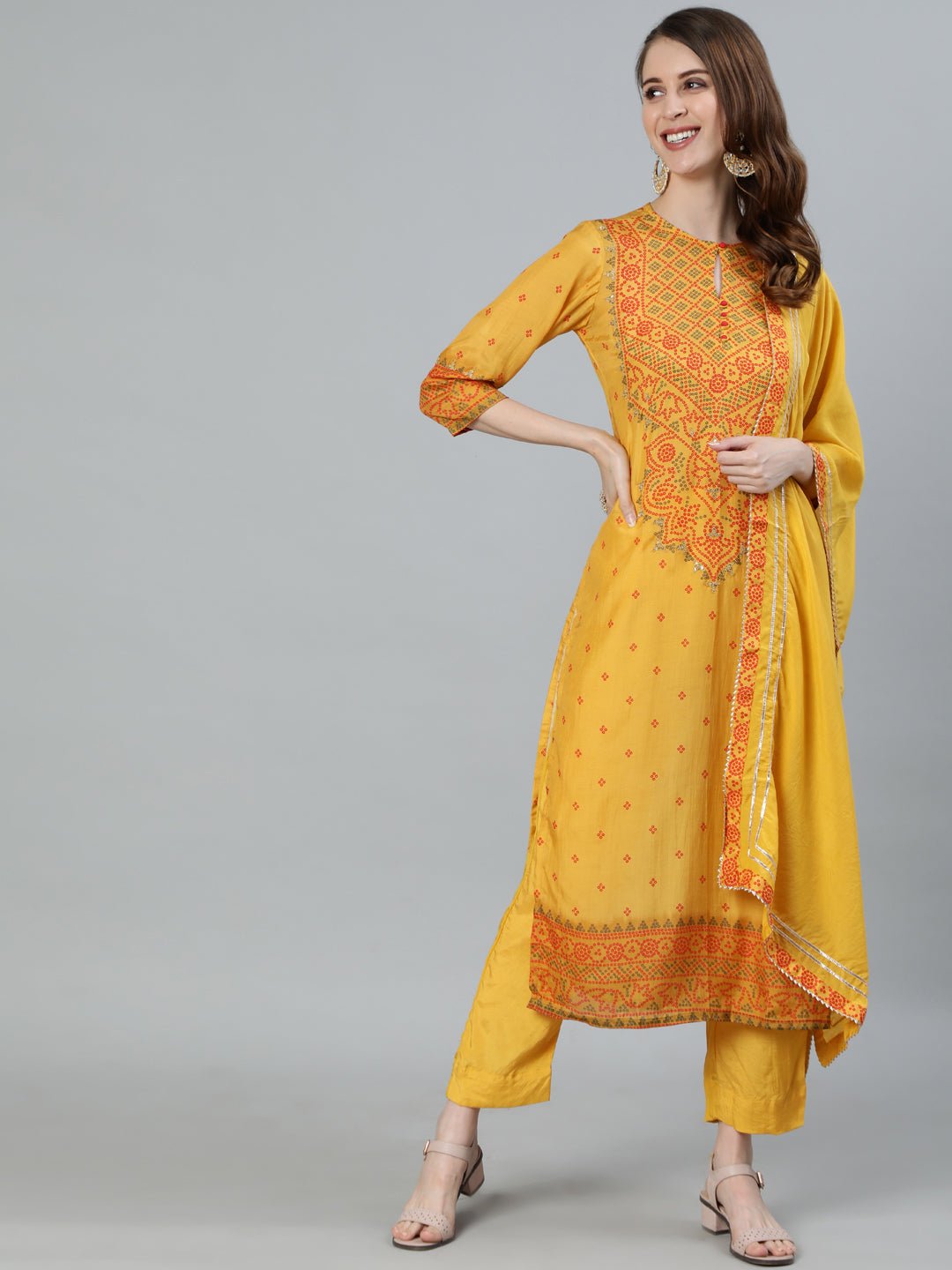 Ishin Women's Mustard Zari Embroidered Bandhani Straight Kurta With Trouser & Dupatta