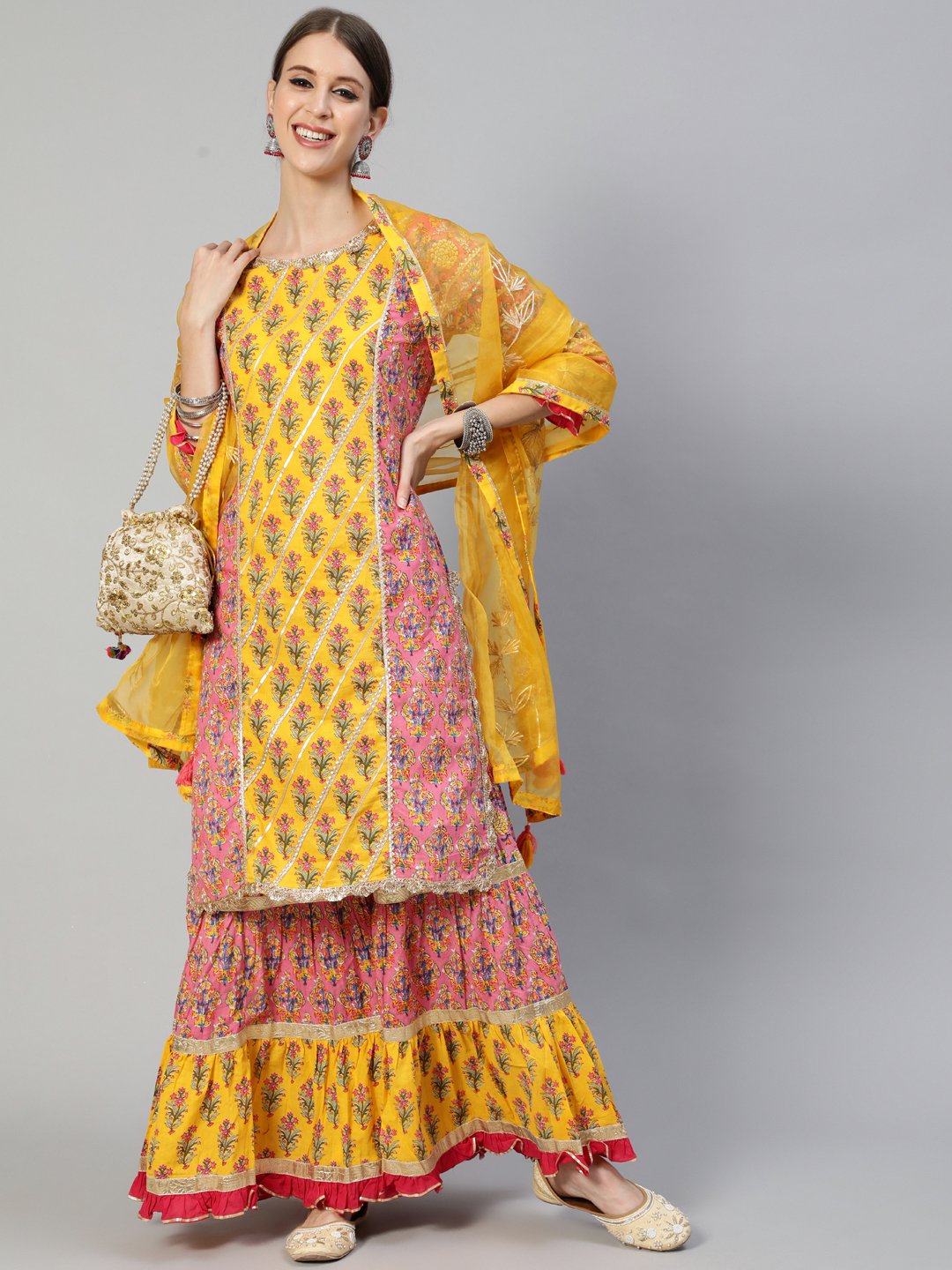 Ishin Women's Mustard & Pink Gotta Patti Embroidered A-Line Kurta Sharara Dupatta Set 