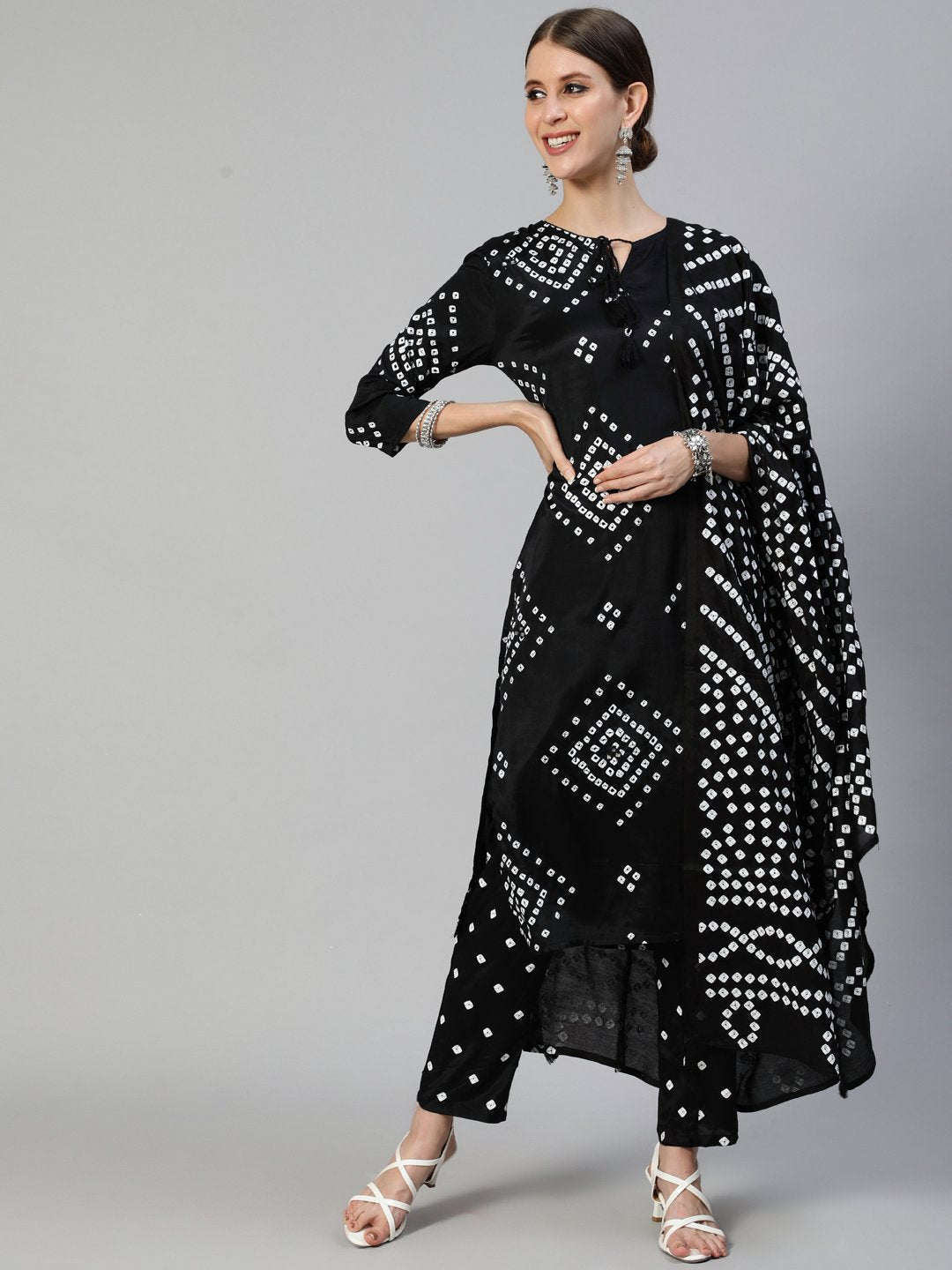 Ishin Women's Silk Blend Black Bandhani Embroidered Straight Kurta Trouser Dupatta Set