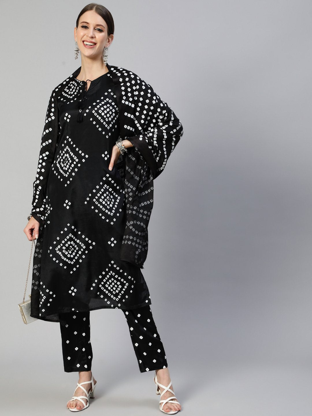Ishin Women's Silk Blend Black Bandhani Embroidered Straight Kurta Trouser Dupatta Set