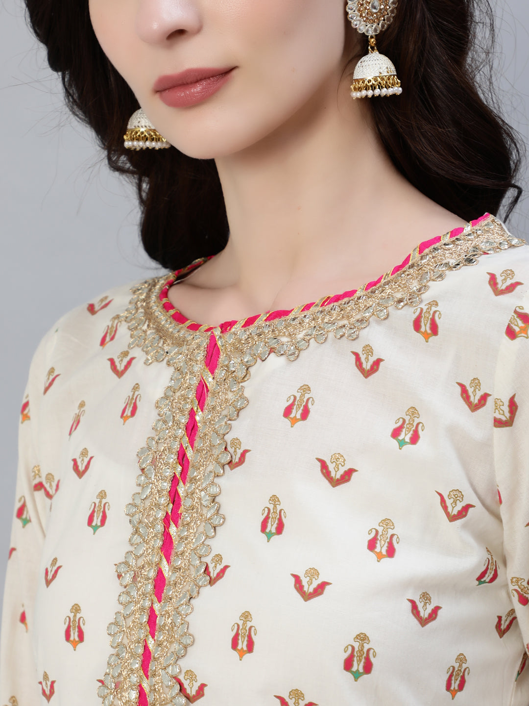 Ishin Women's Cotton Blend White Gotta Patti Embroidered A-Line Kurta Sharara Dupatta Set