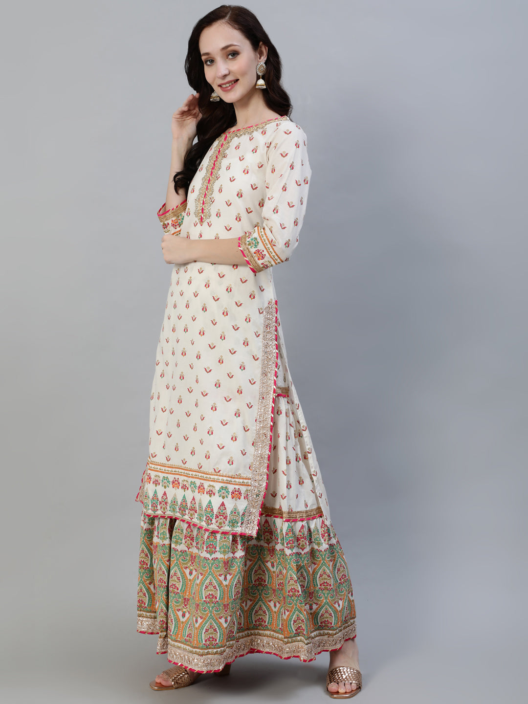 Ishin Women's Cotton Blend White Gotta Patti Embroidered A-Line Kurta Sharara Dupatta Set