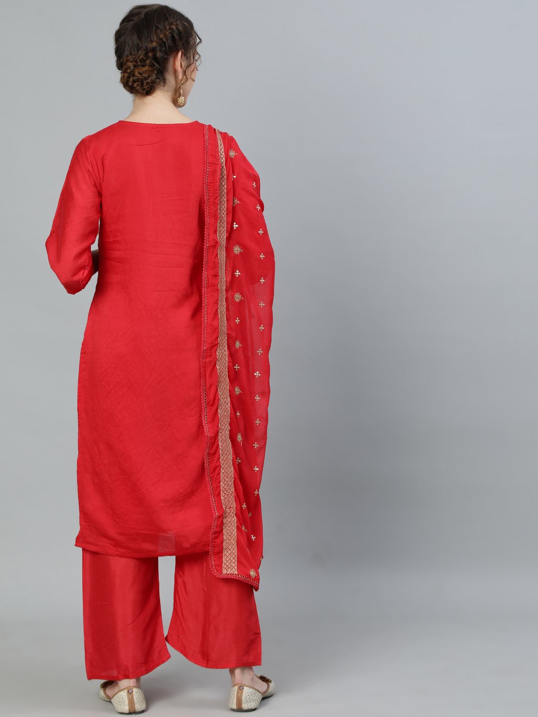 Ishin Women's Red Embroidered A-Line Kurta With Palazzo & Dupatta 
