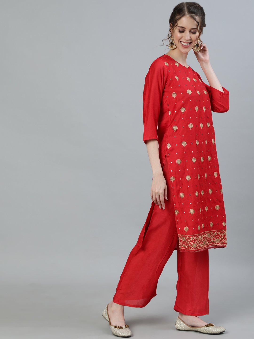 Ishin Women's Red Embroidered A-Line Kurta With Palazzo & Dupatta