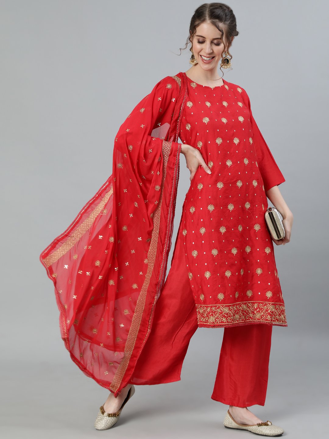 Ishin Women's Red Embroidered A-Line Kurta With Palazzo & Dupatta 